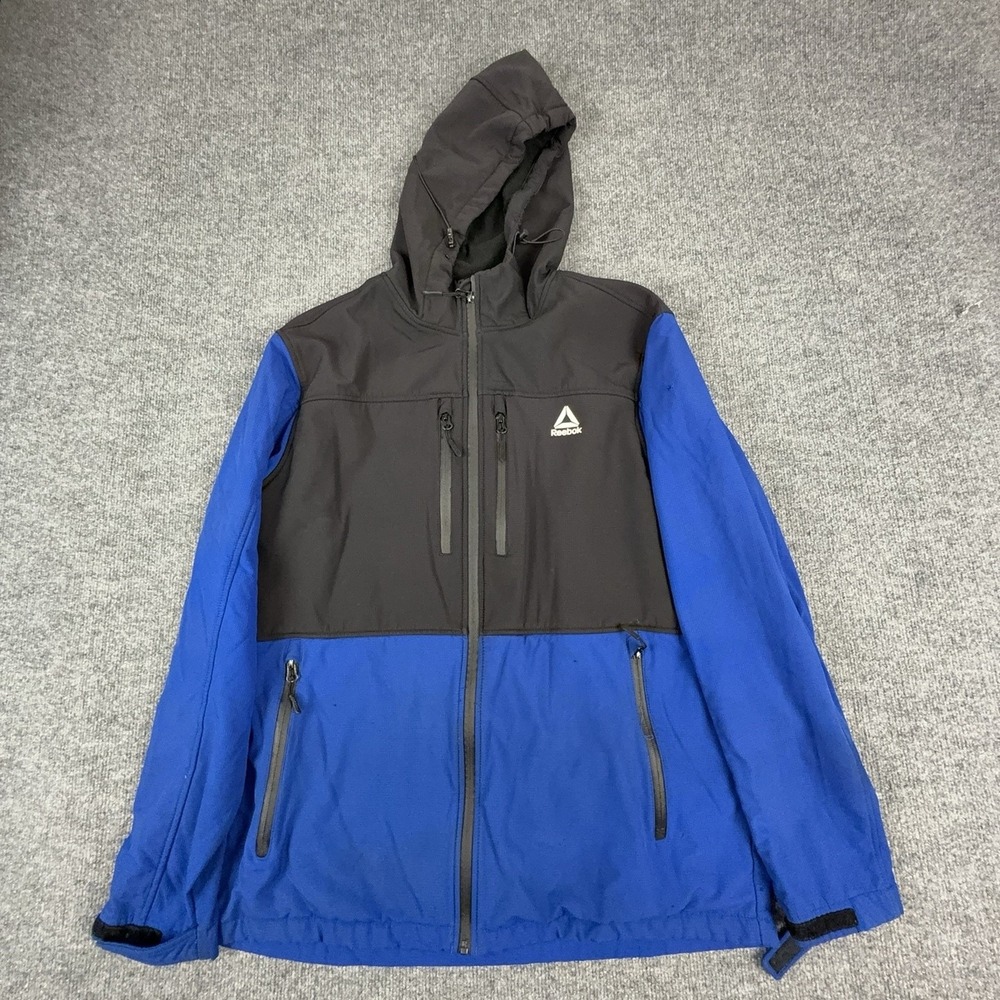 Reebok Jacket Mens XL Blue Hooded Full Zip Softshell Windbreaker Fleece Outdoor